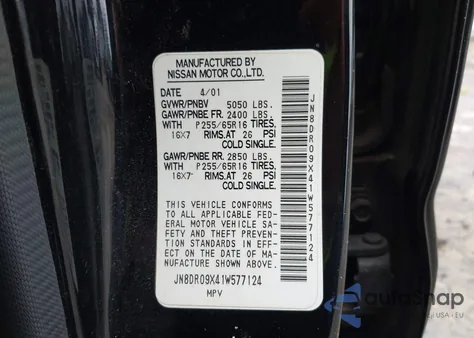 2001 Nissan Pathfinder Le/Se/Xe from USA, damaged, VIN JN8DR09X41W577124